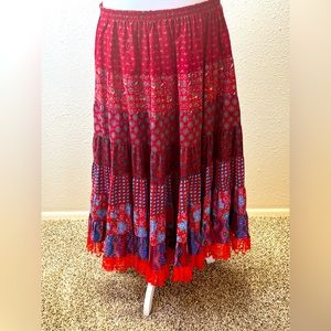 Vintage Anna Konya Skirt Red, Burgundy, Turquoise Ribbon Tiered Gypsy One Size